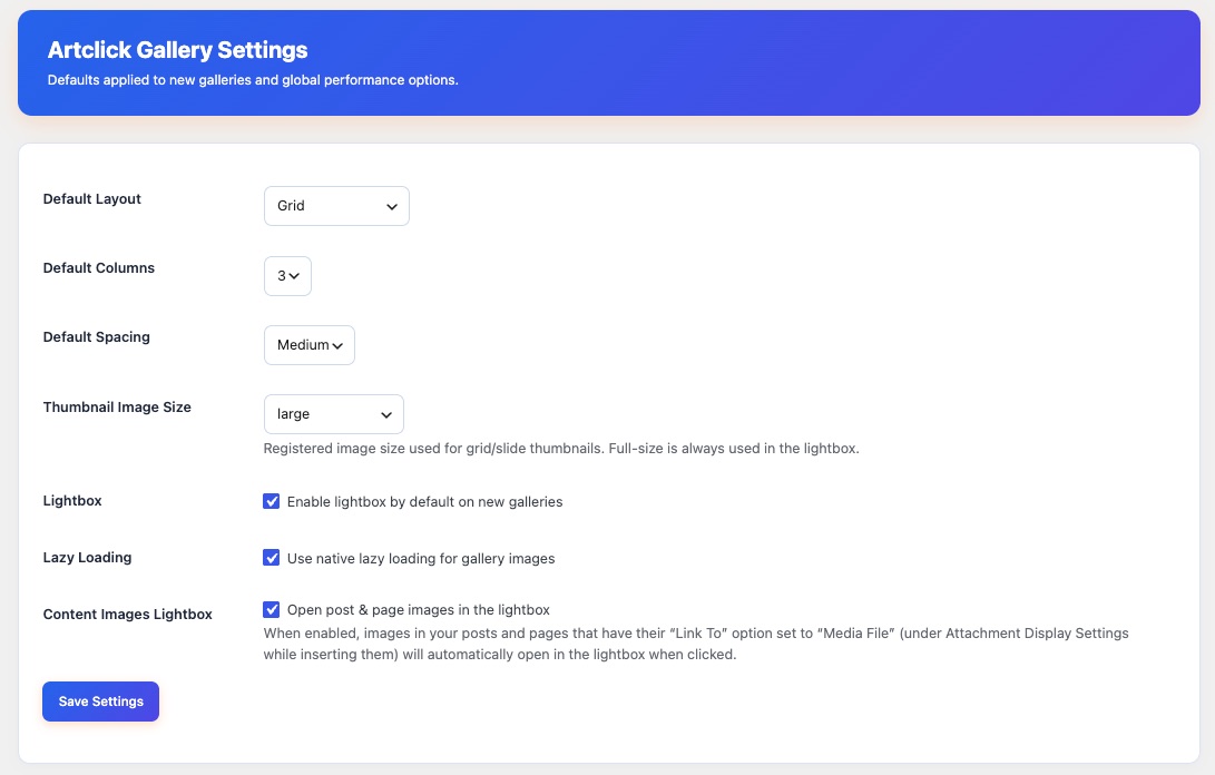 Global default settings page