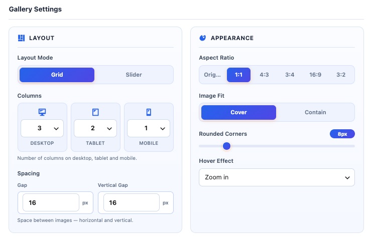 Layout and appearance settings