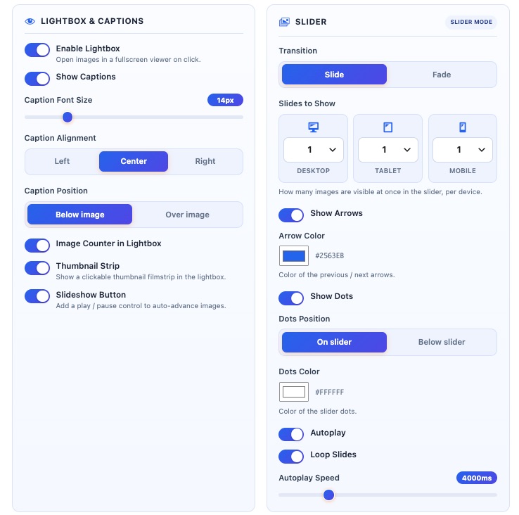Lightbox, captions and slider settings